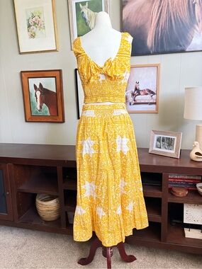 NWT Du Paradus Yellow Floral Tie-Back Smocked Midi Dress Set